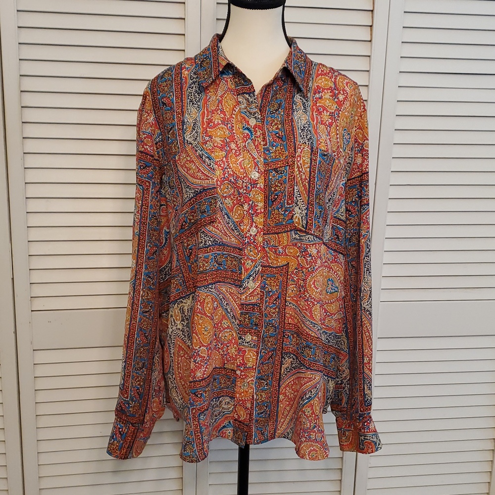 Jones New York Sport Paisley Fall Patchwork Top Blouse Shirt, Size Large